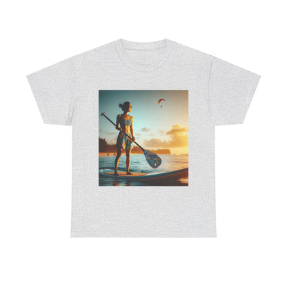 Elegant Delightfull Paddle Board Scene T-Shirt by Dazzling Dreams Studio, showcasing a tranquil paddleboarding adventure, perfect for water sport enthusiasts.