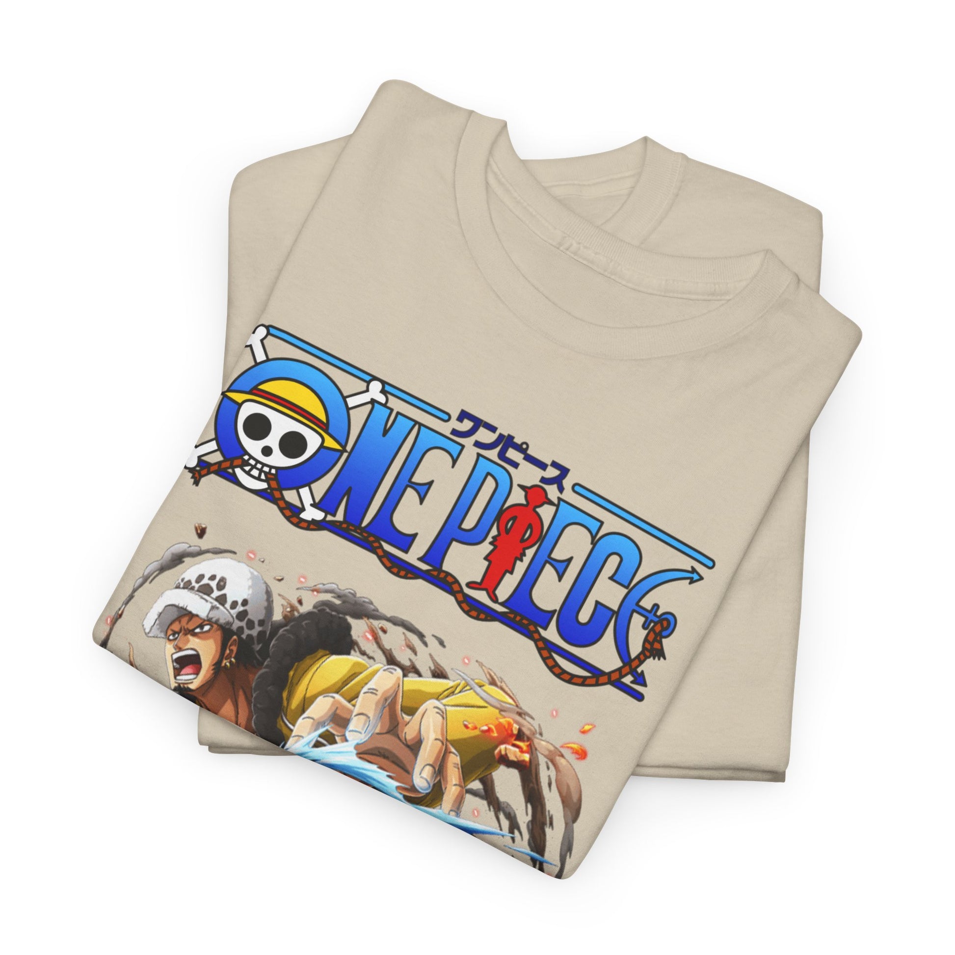 Elegant arrangement of two luxurious men's t-shirts featuring a stunning design of Trafalgar Law from One Piece, perfect for anime collectors and fashion enthusiasts.