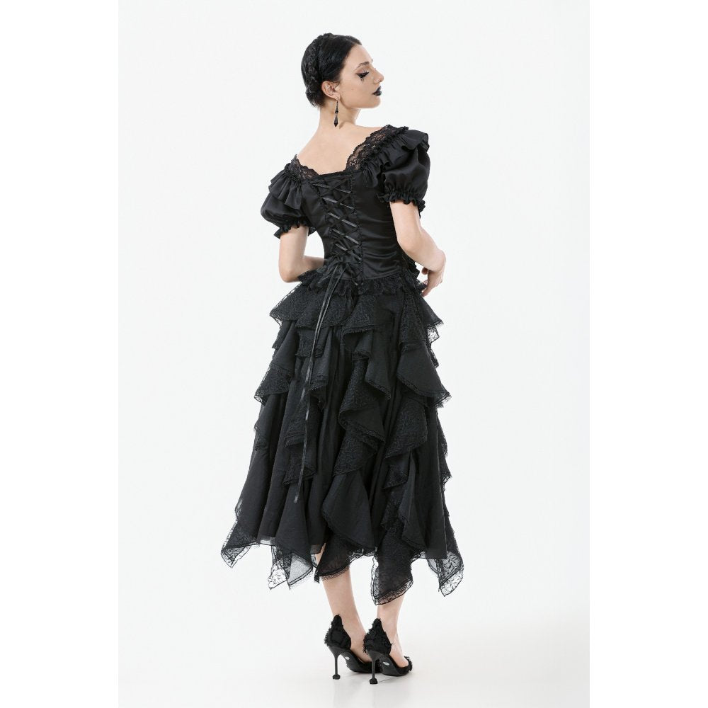 Dramatic off-shoulder neckline of the Dark in Love Black Seraphina Corset Top, framed by soft puff sleeves and delicate ruffles for a romantic flair.