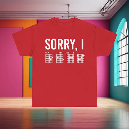 Sorry I DGAF Graphic T-Shirt in vibrant red, uniquely designed with chord illustrations, perfect for showcasing a love for music and style.
