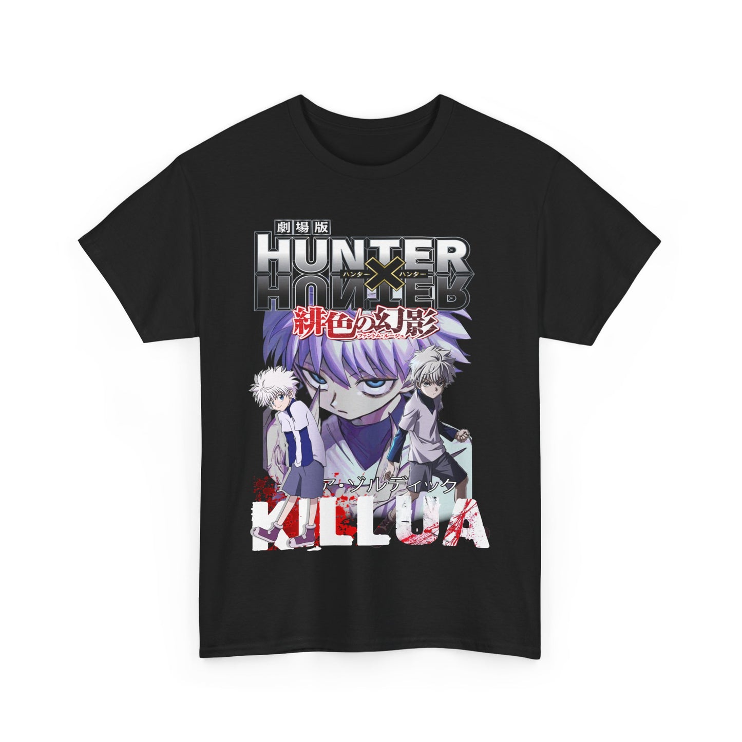 Stylish black anime graphic t-shirt displaying a captivating Killua and Gon illustration from Hunter x Hunter, ideal for making a bold fashion statement.