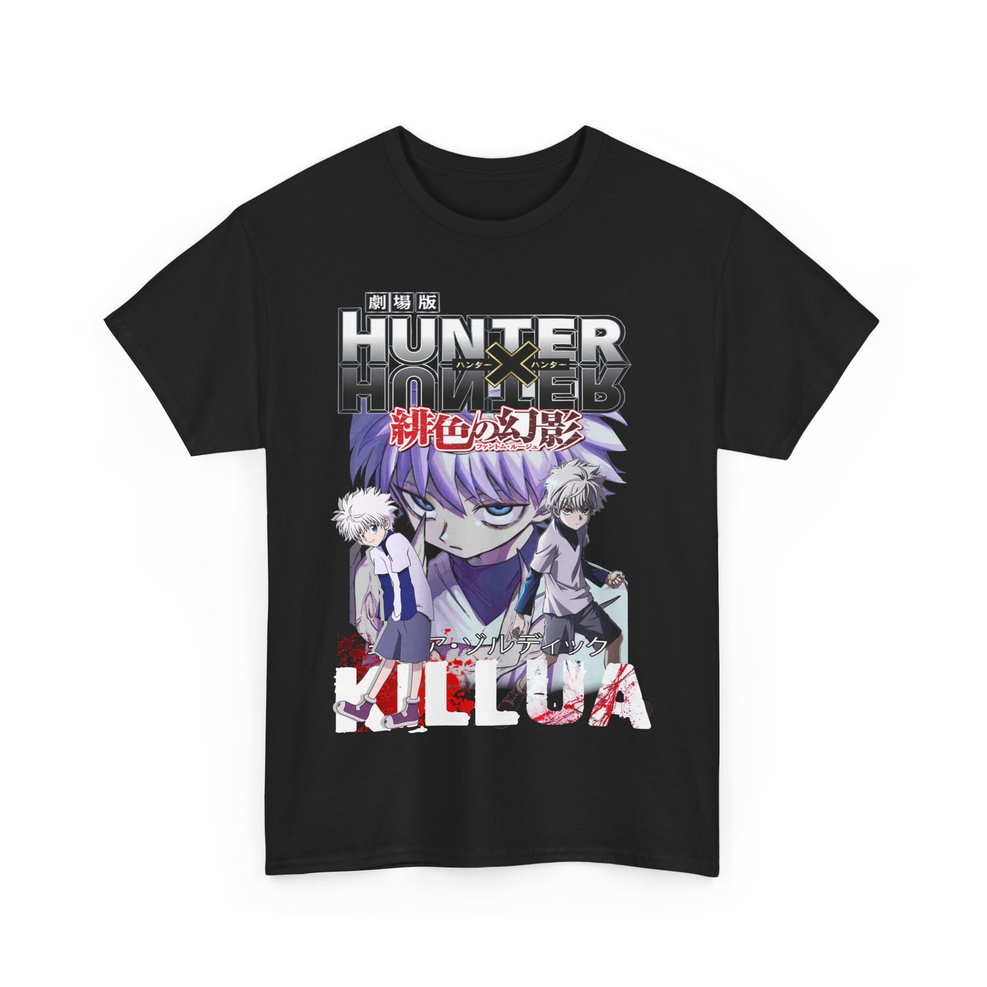 Stylish black anime graphic t-shirt displaying a captivating Killua and Gon illustration from Hunter x Hunter, ideal for making a bold fashion statement.