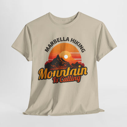 Marbella Hiking Club Unisex Graphic T-Shirt in beige, showcasing a premium mountain design that embodies adventure and exploration, perfect for outdoor enthusiasts.