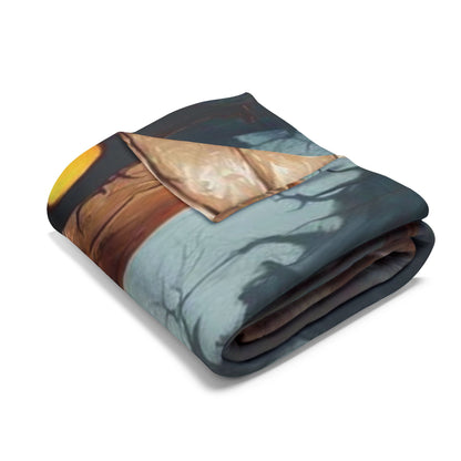 Opulent Decorative and Warm Halloween Spooky Arctic Fleece Blanket rolled, presenting a captivating pumpkin illustration that adds comfort and style to your home décor.