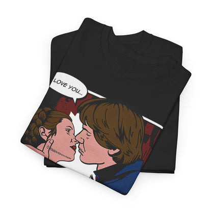 Sophisticated Star Wars I Know Funny Graphic T-Shirt, layered presentation displaying a vibrant comic-inspired illustration of Han and Leia's iconic kiss, with beloved lines: 'I LOVE YOU... I KNOW...' showcased beautifully.