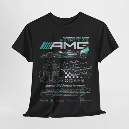 Luxurious black men's F1 Mercedes AMG Petronas T-Shirt featuring dynamic race car graphics, iconic logos, and the names of legendary drivers including Lewis Hamilton and Michael Schumacher. This stylish and breathable shirt combines high-speed aesthetics with motivational quotes, suitable for motorsport enthusiasts and everyday wear.