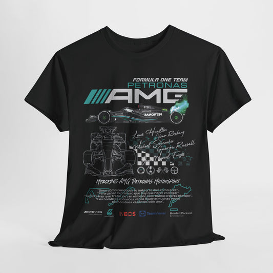 Luxurious black men's F1 Mercedes AMG Petronas T-Shirt featuring dynamic race car graphics, iconic logos, and the names of legendary drivers including Lewis Hamilton and Michael Schumacher. This stylish and breathable shirt combines high-speed aesthetics with motivational quotes, suitable for motorsport enthusiasts and everyday wear.