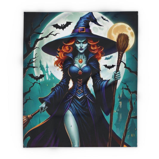Charming Halloween themed fleece blanket showcasing a striking witch with flowing red hair, a broom, and a dramatic moonlit backdrop. This Decorative and Warm Cute Arctic Fleece Blanket is perfect for seasonal decor.