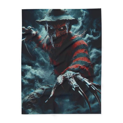 Luxurious Halloween Freddy Krueger Nightmare On Elm Street Arctic Fleece Blanket showcasing a chilling design with Freddy Krueger extending his claws, perfect for adding a spooky flair to your Halloween decor.