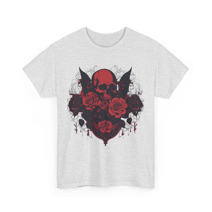 Front view of grey Skulls and Roses Cotton Tee featuring a bold skull and roses design, ideal for alternative fashion lovers seeking a unique look.