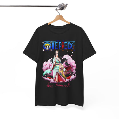 Stylish men's t-shirt featuring Boa Hancock from One Piece displayed on a wooden hanger, accentuating the luxurious fabric and vibrant design, perfect for anime lovers.