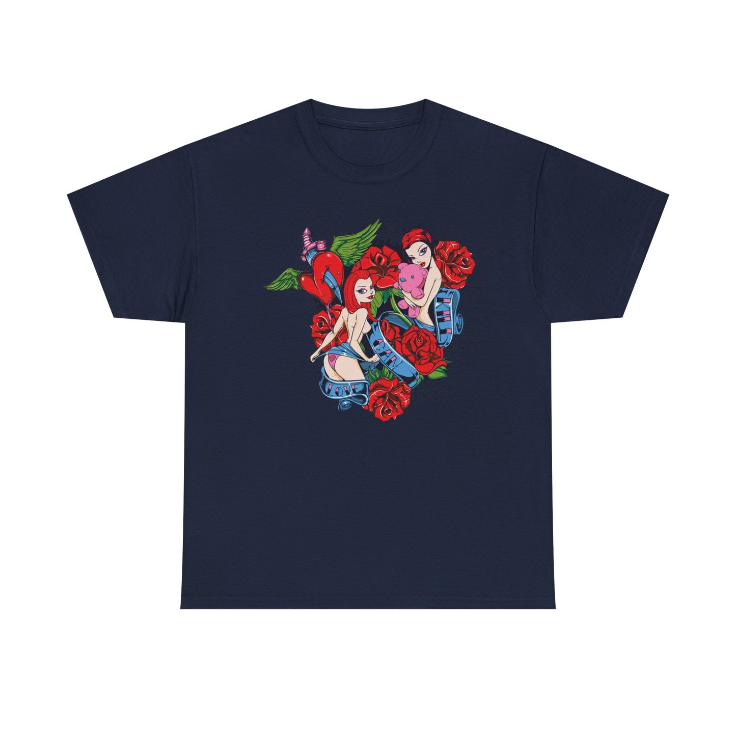 Chic navy pin-up t-shirt adorned with brilliant illustrations of two stylized women, roses, and a heart motif, embodying bold fashion aesthetics.