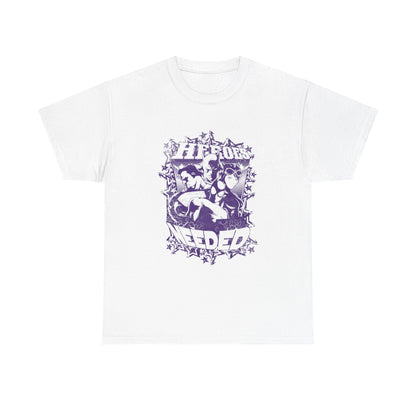 Dynamic Men's T-Shirt Bold Heroes Graphic Design Featuring Iconic Superheroes in a vibrant purple palette, showcasing legendary figures and the bold word 'HEROES' to celebrate heroism and bravery.