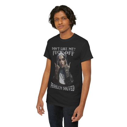 Elegant men's black t-shirt portraying a tattooed nun with intricate details, complemented by the text 'Don’t Like Me? Fuck Off, Problem Solved', perfect for those who embrace individuality.
