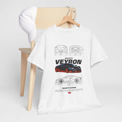 Stylishly presented T-Shirt with Bugatti Veyron Design, accompanied by a cap, emphasising luxury and technical sketches for discerning car lovers.