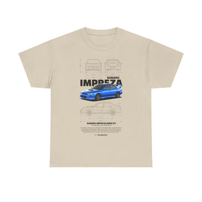 Chic natural beige men's t-shirt featuring a striking design of the Subaru Impreza WRX STI, combining artistic flair with detailed technical specifications, tailored for discerning automotive fans.