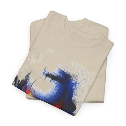 Premium graphic cotton tee displaying a distinctive design of a blue helmet with a splatter effect, a statement piece for contemporary fashion enthusiasts.