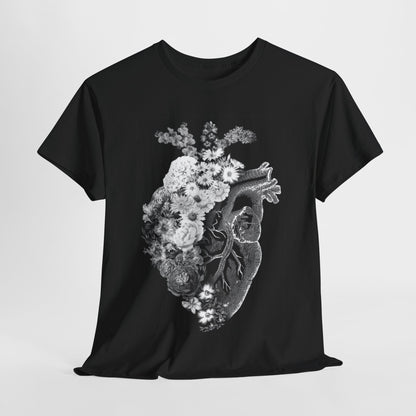 Luxurious black t-shirt featuring an intricate floral heart design, blending vintage anatomical art with a bouquet of delicate flowers, perfect for sophisticated streetwear.