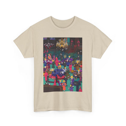 Luxurious unisex graphic cotton t-shirt featuring a vibrant Squid Game-inspired design, depicting an extravagant scene with colourful characters in an ornate setting.