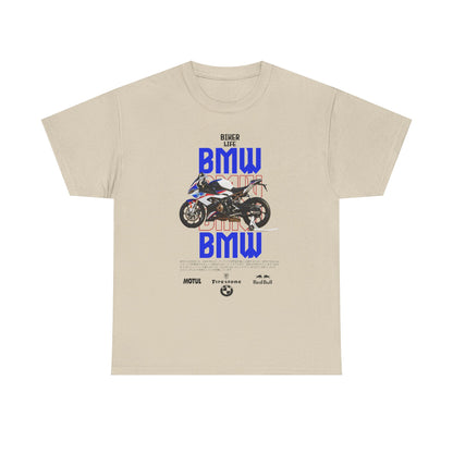 Chic beige men's t-shirt showcasing a dynamic BMW S1000RR motorcycle graphic, enriched with bold blue and red lettering, embodying sophistication for motorcycle lovers.