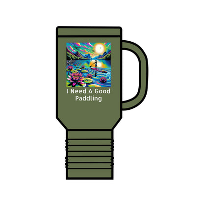 Chic Fantasy Paddleboarding 40oz Insulated Travel Mug in olive green, adorned with captivating paddleboarding artwork and lotus flowers, perfect for luxurious travel and hydration.