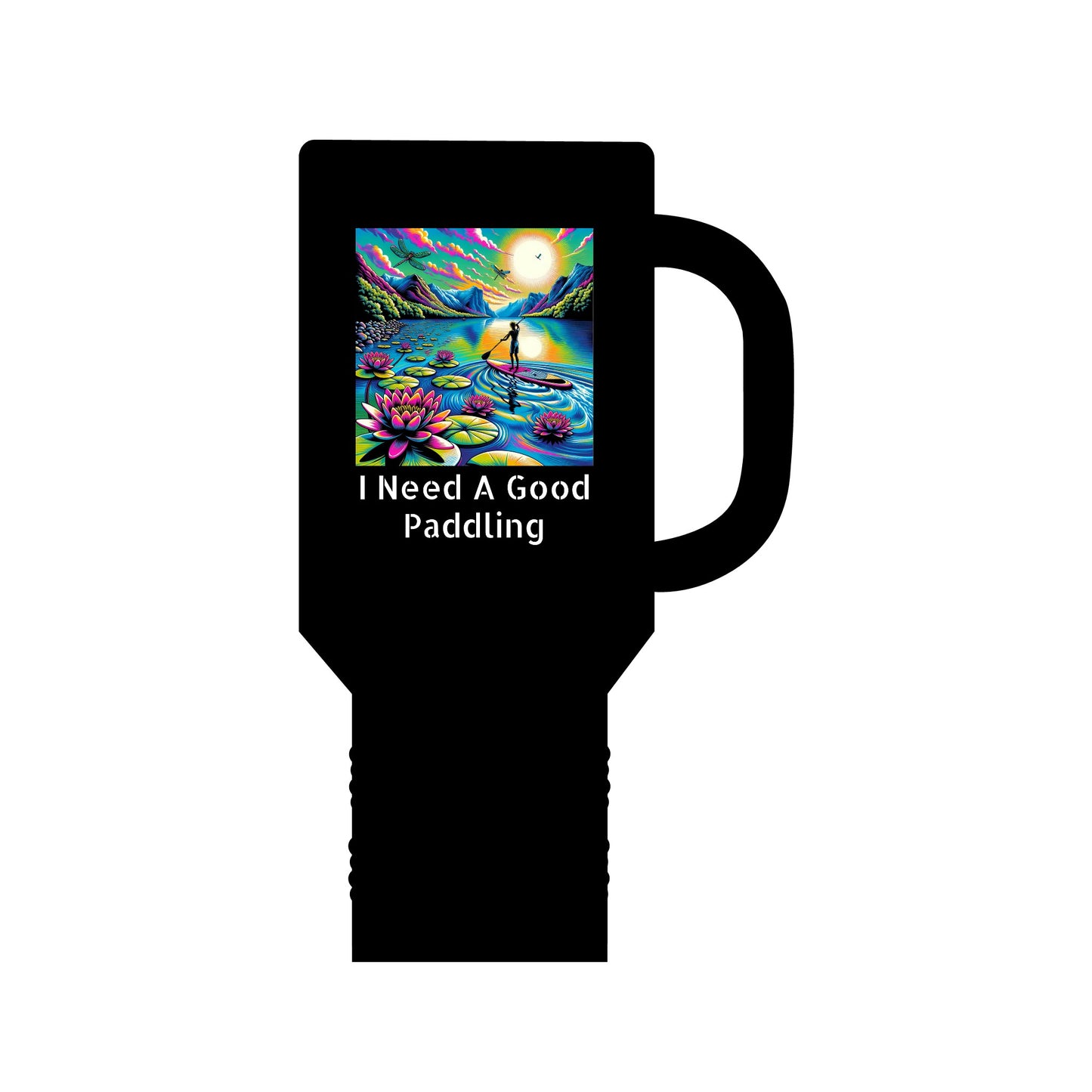 Stylish Fantasy Paddleboarding 40oz Insulated Travel Mug in classic black featuring vibrant imagery of a paddleboarder among lotus flowers, designed for both elegance and functionality.