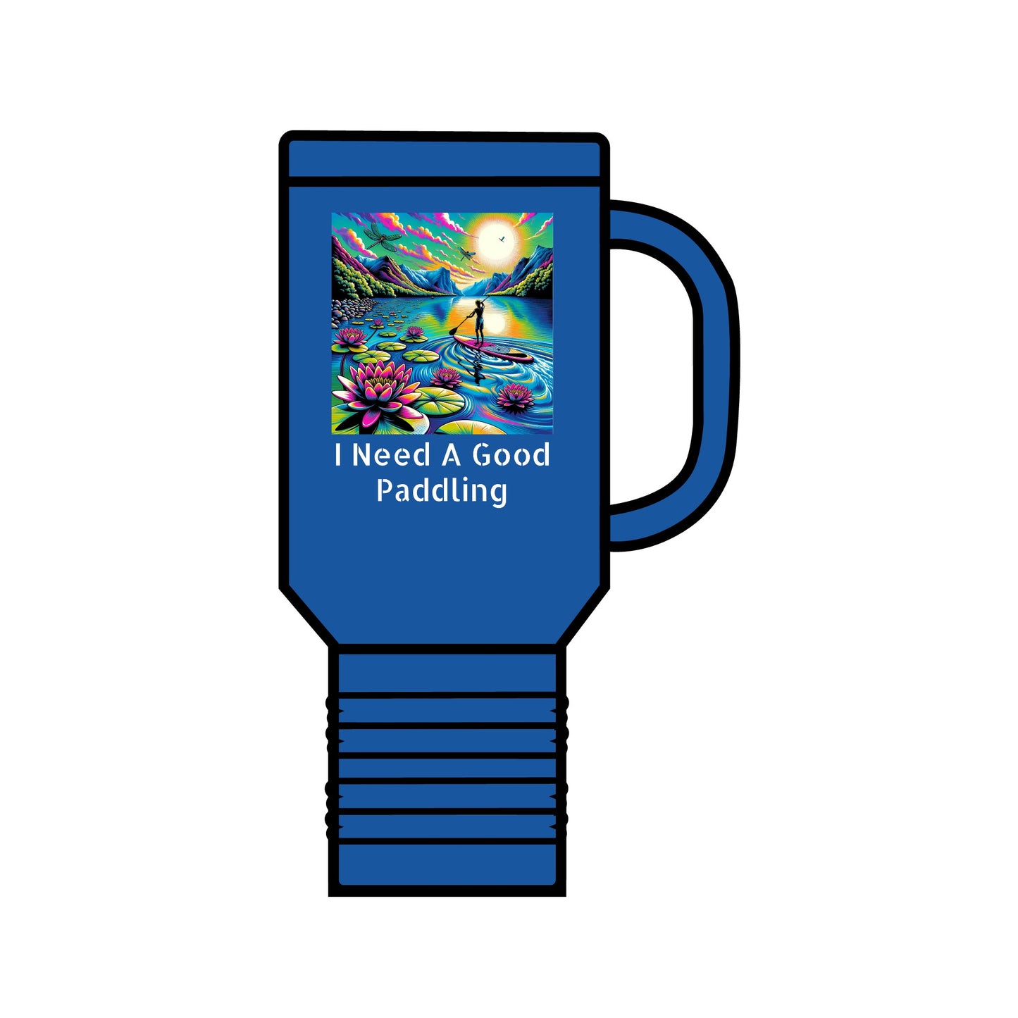 Fantasy Paddleboarding 40oz Insulated Travel Mug in elegant blue featuring a striking illustration of paddleboarding and 'I Need A Good Paddling' text, designed for high-end hydration needs.