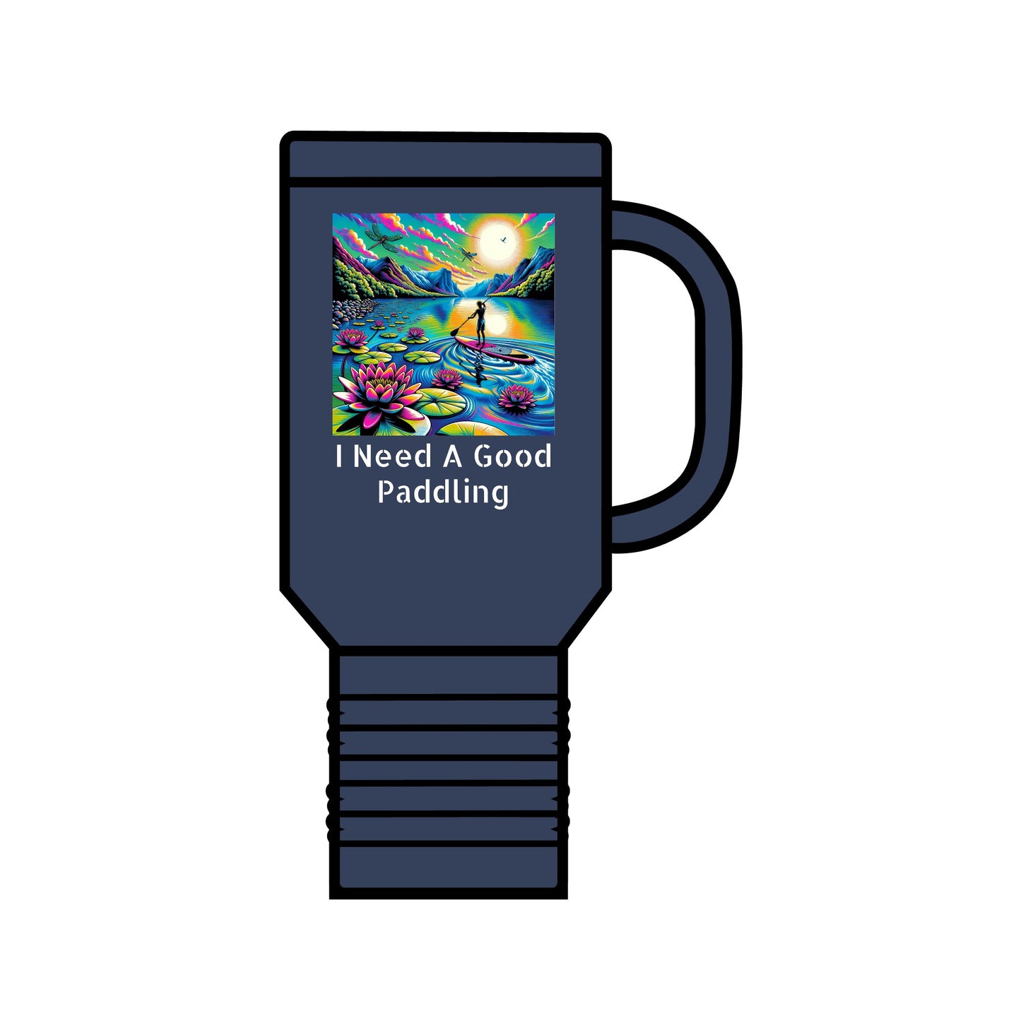 Elegant Fantasy Paddleboarding 40oz Insulated Travel Mug in navy blue showcasing stunning graphic design of a paddleboarding scene with lotus flowers, ideal for outdoor enthusiasts.