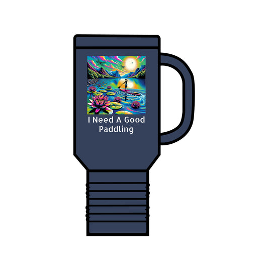 Elegant Fantasy Paddleboarding 40oz Insulated Travel Mug in navy blue showcasing stunning graphic design of a paddleboarding scene with lotus flowers, ideal for outdoor enthusiasts.