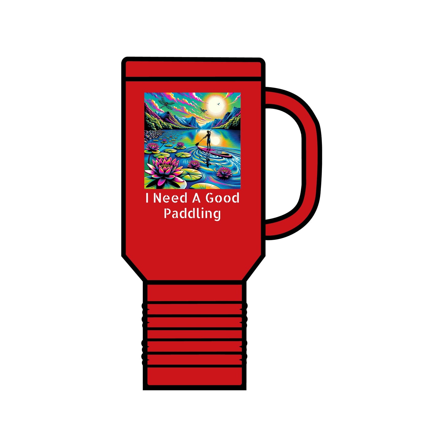 Fantasy Paddleboarding 40oz Insulated Travel Mug in vibrant red with colourful illustration of paddleboarding on a serene lake and the text 'I Need A Good Paddling', a luxurious stainless steel, double-wall, leak-proof travel mug.