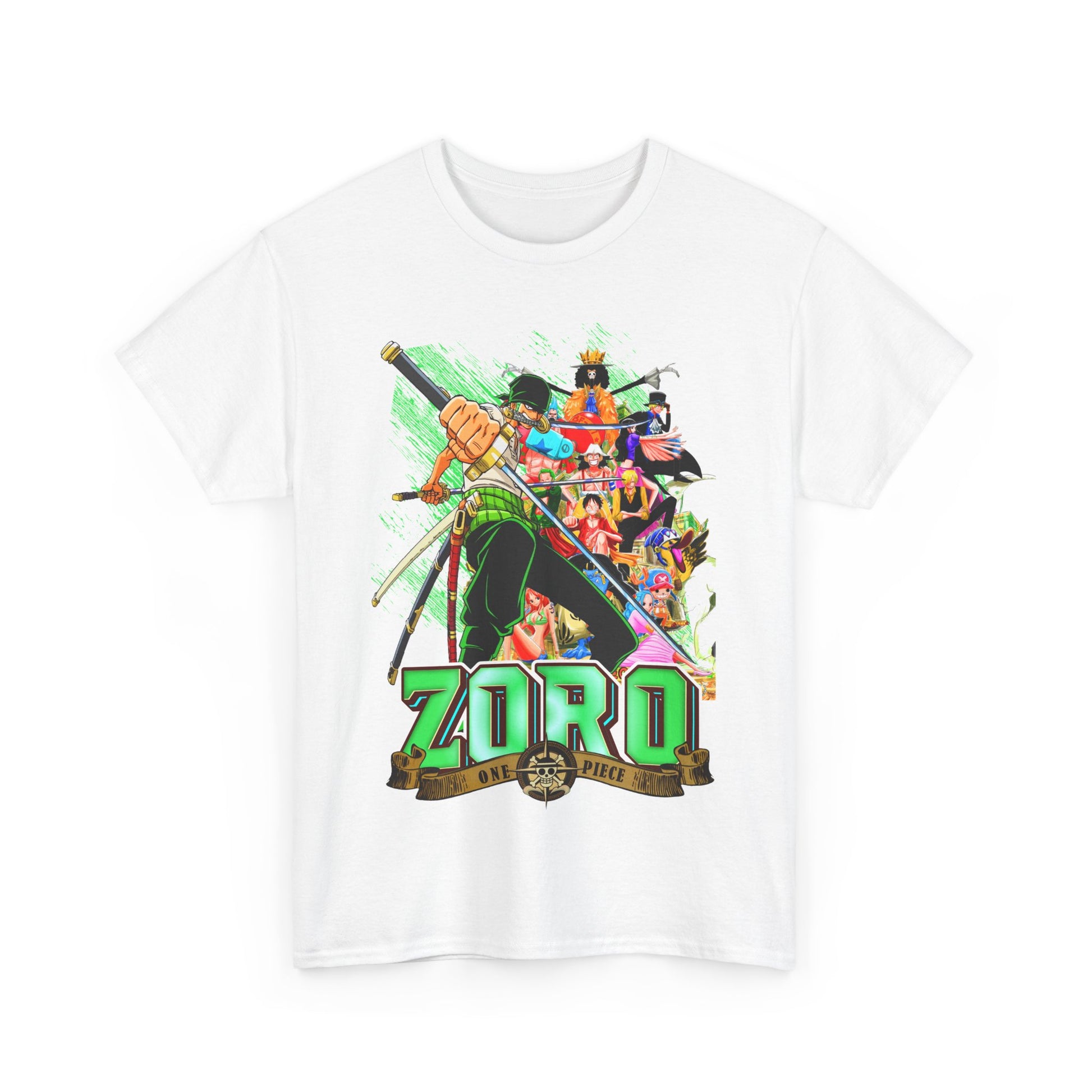 Artistic front view of the white One Piece Zoro T-shirt, adorned with striking graphics of Zoro and colourful characters, ideal for casual wear.