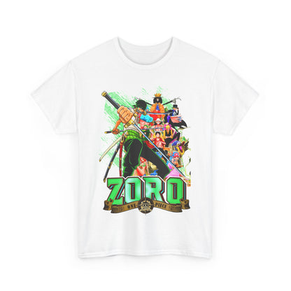 Artistic front view of the white One Piece Zoro T-shirt, adorned with striking graphics of Zoro and colourful characters, ideal for casual wear.