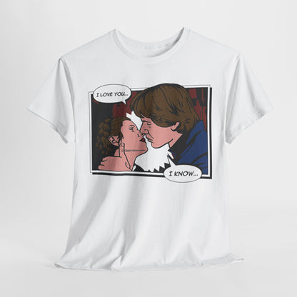 Elegant Star Wars graphic t-shirt featuring a comic design of Han Solo and Princess Leia embracing, showcasing the iconic phrase 'I LOVE YOU... I KNOW...' perfect for Valentine's Day gifts or stylish casual wear.