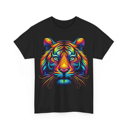 Front view of the 'Tiger's Whimsy' Graphic Tee featuring a vibrant multicolour tiger design, perfect for art enthusiasts and fashion lovers.