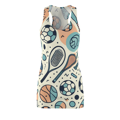 Pastel Racerback Sports Pattern Dress featuring abstract art designs with basketballs, soccer balls, and more, ideal for a fashionable sports-inspired look.