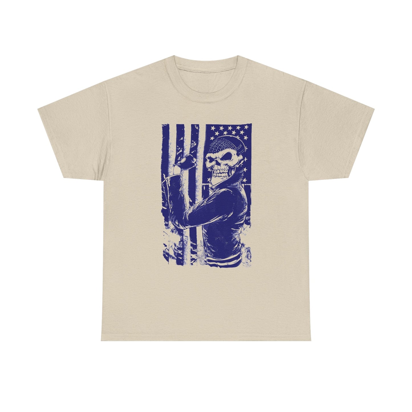 Stylish unisex men's t-shirt showcasing a graphic design of a biker skull against a distressed American flag backdrop, featuring bold blue tones on a cream fabric. Perfect for the adventurous spirit.