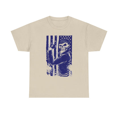 Stylish unisex men's t-shirt showcasing a graphic design of a biker skull against a distressed American flag backdrop, featuring bold blue tones on a cream fabric. Perfect for the adventurous spirit.
