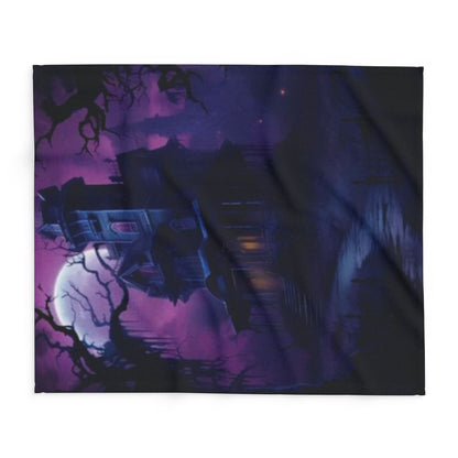 Close-up view of the striking Decorative and Warm Halloween Spooky Arctic Fleece Blanket featuring a haunted house design, perfect for cozy autumn evenings.