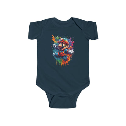 Unisex Baby Computer Game Jersey Bodysuit featuring a vibrant Mario graphic, crafted from soft combed cotton, ideal for stylish young gamers.