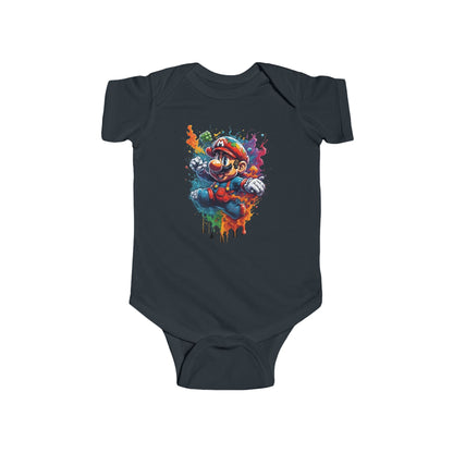 Unisex Baby Computer Game Jersey Bodysuit showcasing a playful Mario illustration, designed from premium combed cotton, perfect for fashionable little gamers.