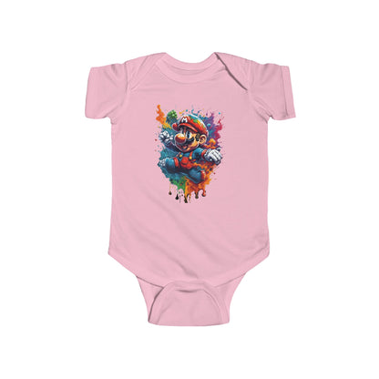 Unisex Baby Computer Game Jersey Bodysuit featuring a vibrant graphic of a classic gaming character on a pink background, crafted from luxurious soft combed cotton for ultimate comfort.