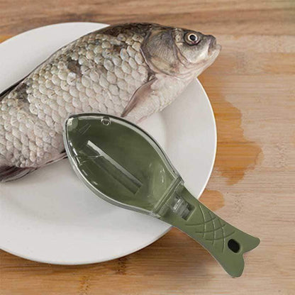 Fish Skin Brush - Luxurious fish scaler in a chic design next to a fresh fish, showcasing its functional elegance and innovative scale containment feature.