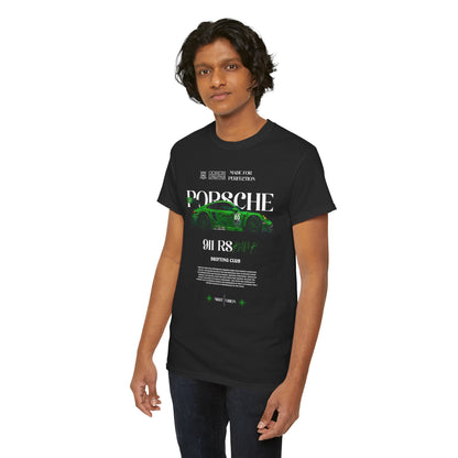 Stylish black Porsche 911 RS tee, elegantly highlighting a green racing car illustration, complemented by powerful text celebrating the drifting community, ideal casual wear.