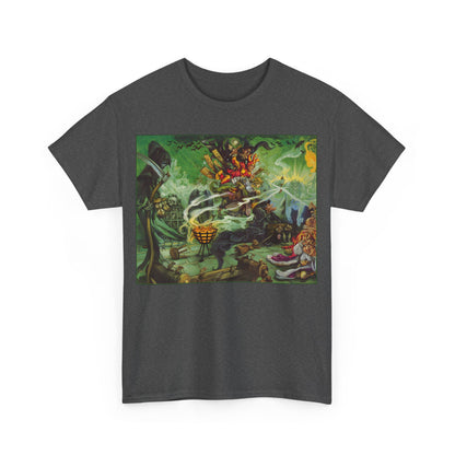 Stylish dark grey unisex t-shirt showcasing an enchanting front graphic of the Discworld Wyrd Sisters, merging elegance and whimsy for a remarkable addition to any fashion-forward wardrobe.