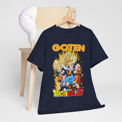 Chic Dragon Ball Z 'GOTEN' T-shirt on a wooden chair, accentuated by a white cap, representing a trendy street style for casual outings.
