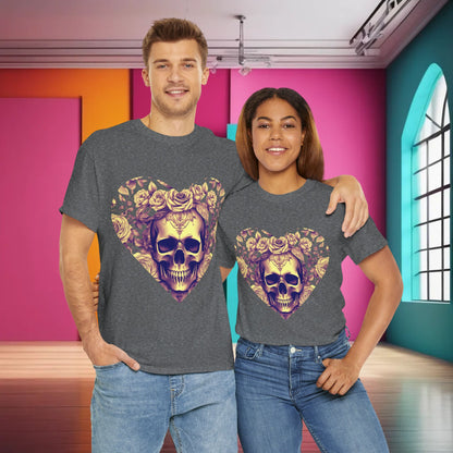 Couple adorning matching Luxury Skulls and Roses Cotton Tees, showcasing the unique skull and rose graphic design in a stylish setting.