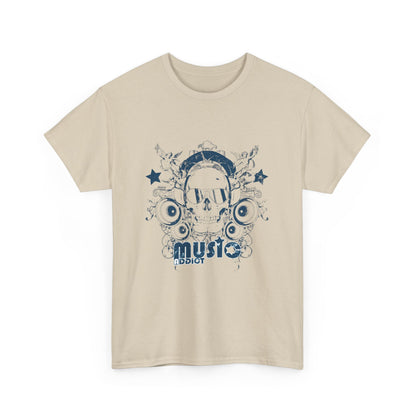 Front view of a chic beige t-shirt adorned with a striking skull and speaker graphic, perfect for music lovers.