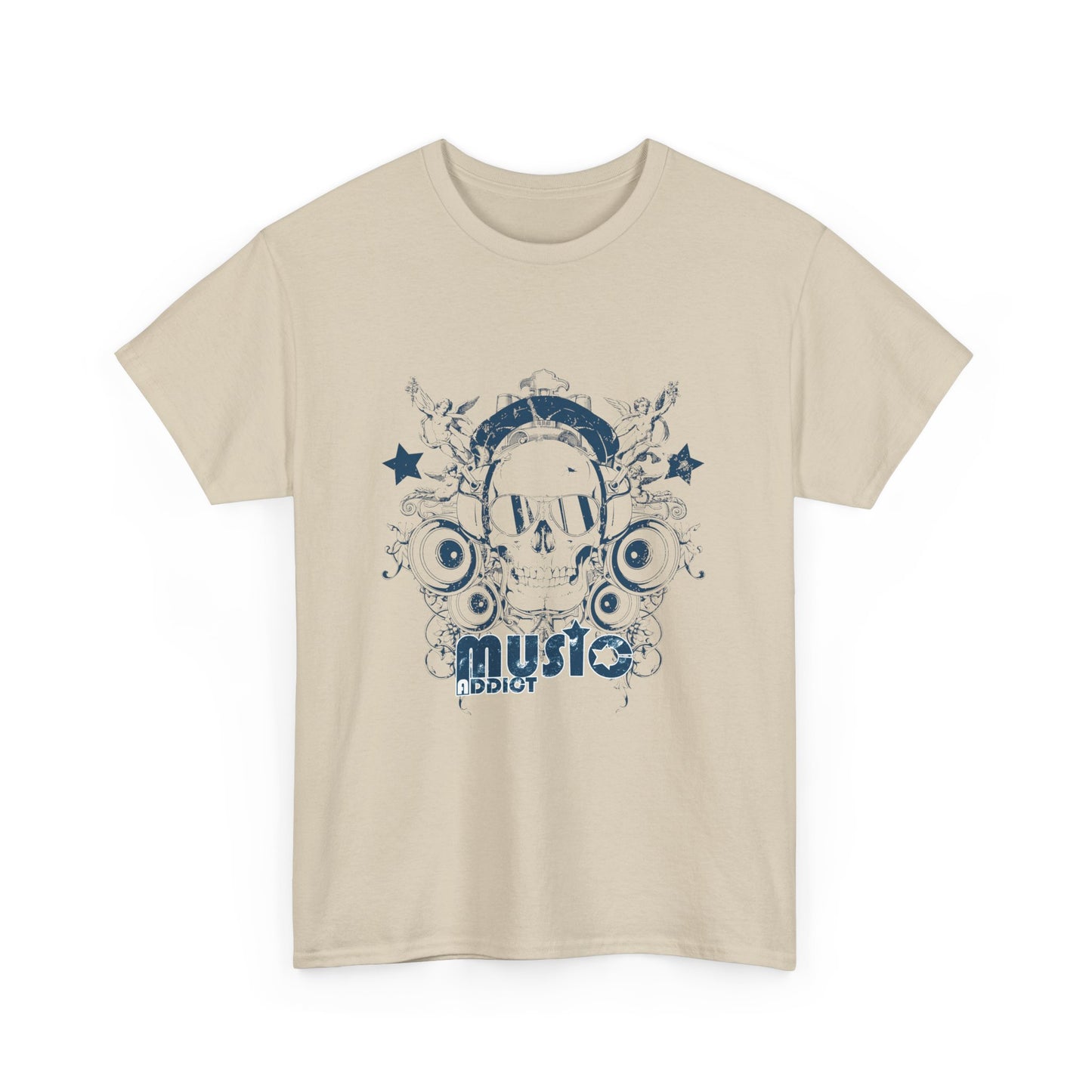 Stylish beige t-shirt front view featuring striking skull graphics with headphones and musical motifs, epitomizing luxury in music-themed fashion.