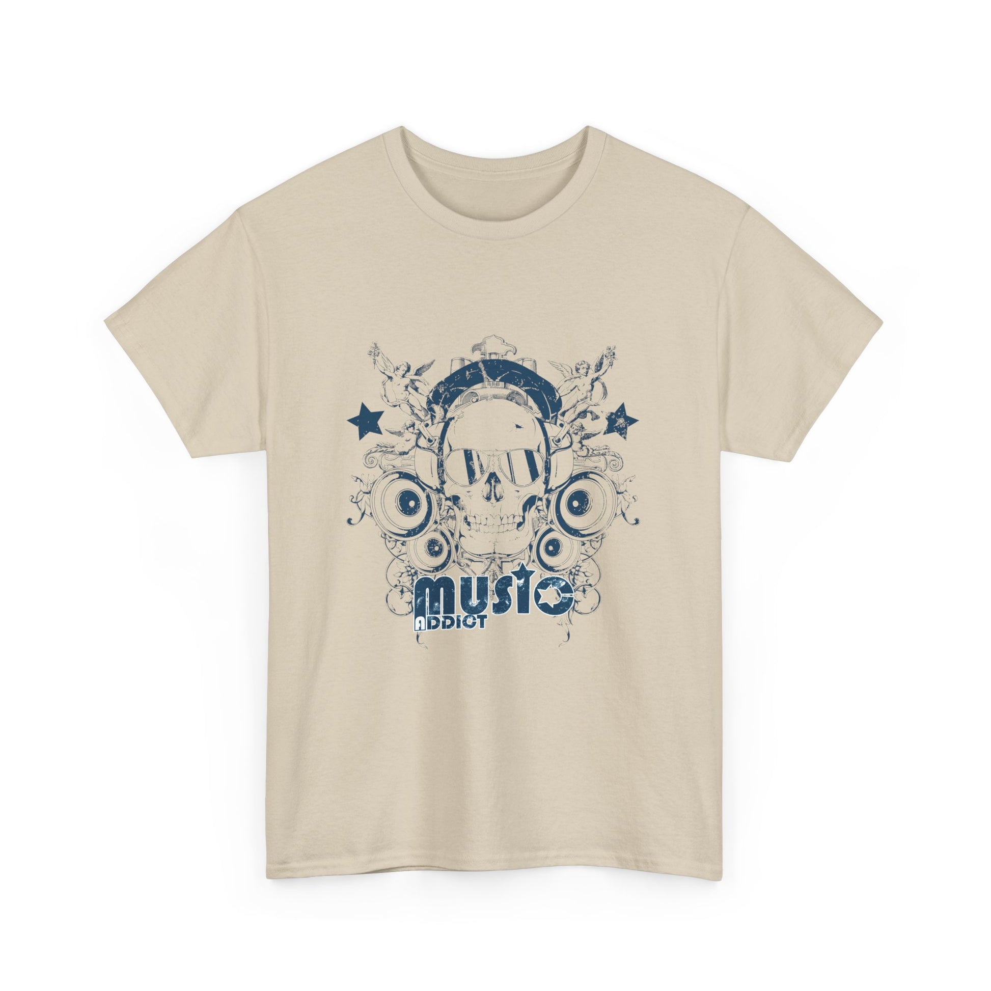 Stylish beige t-shirt front view featuring striking skull graphics with headphones and musical motifs, epitomizing luxury in music-themed fashion.
