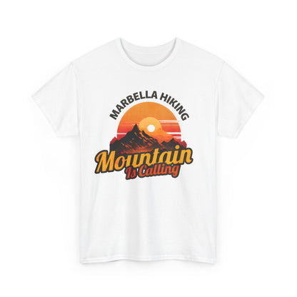 Marbella Hiking Club Unisex Graphic T-Shirt, featuring a unique mountain design in vibrant colours, perfect for adventure enthusiasts.